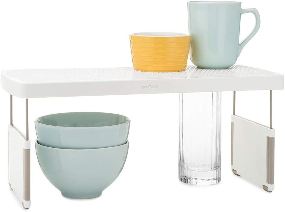 "YouCopia StoreMore expandable cabinet shelf riser"