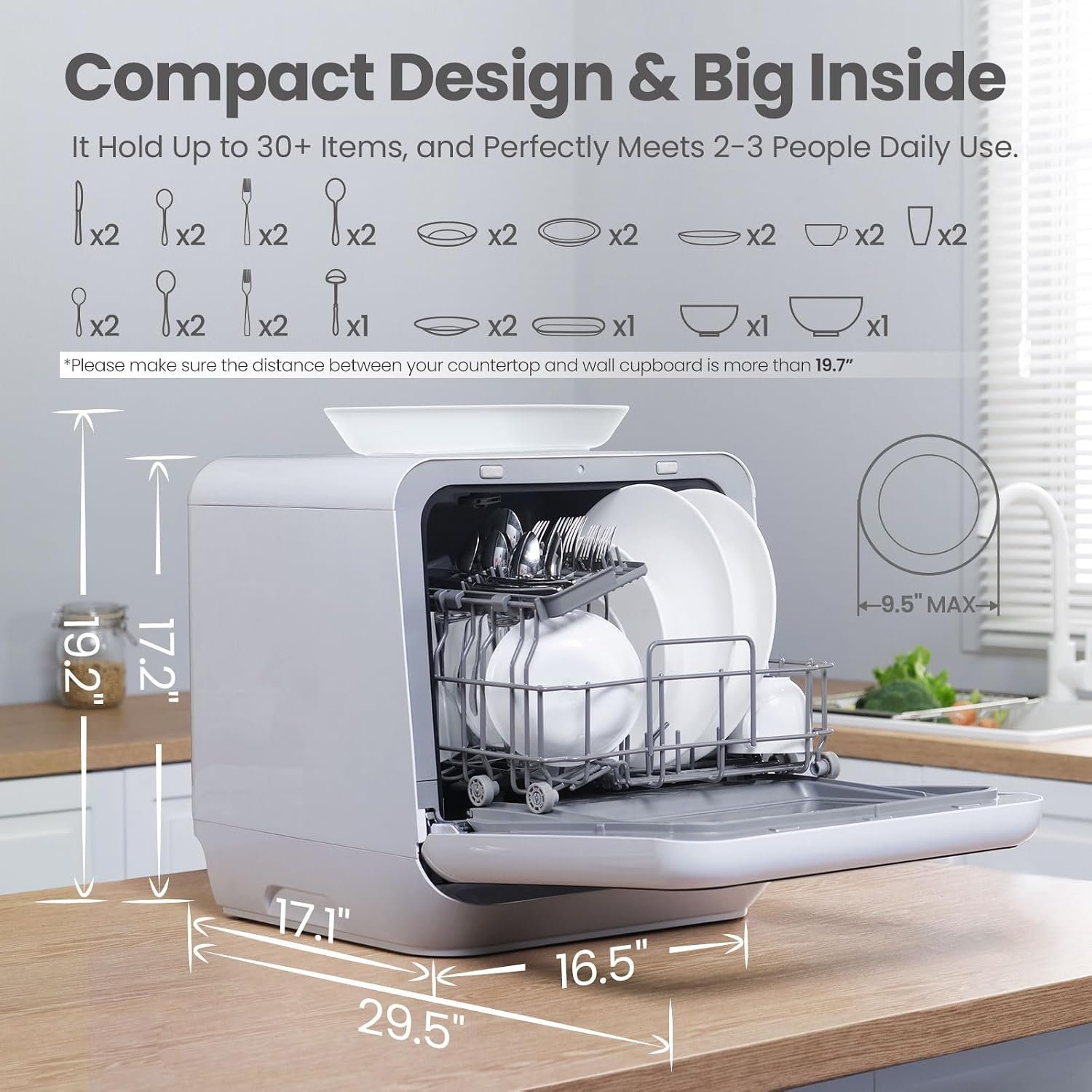 "COMFEE' countertop dishwasher on kitchen counter, 6 place settings"