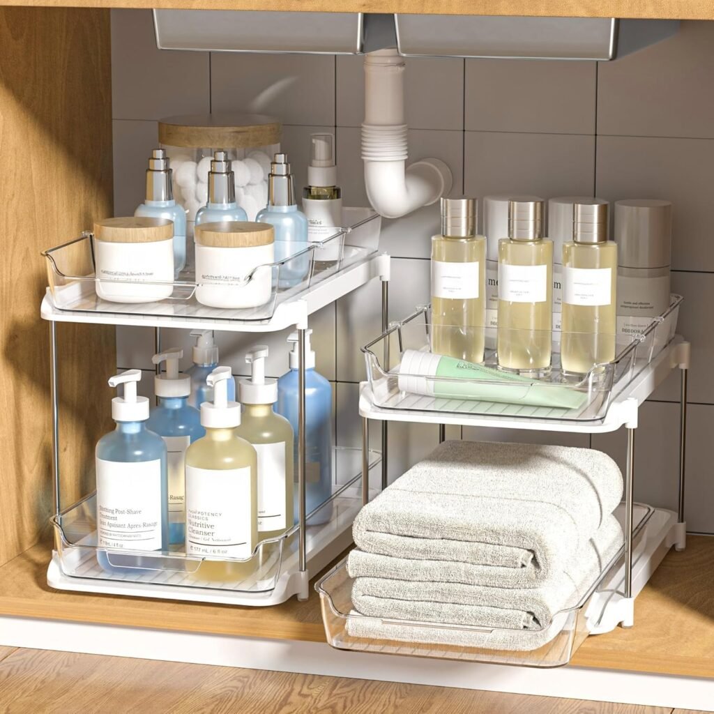 Delamu clear drawer under-sink organizer with movable dividers for bathroom storage