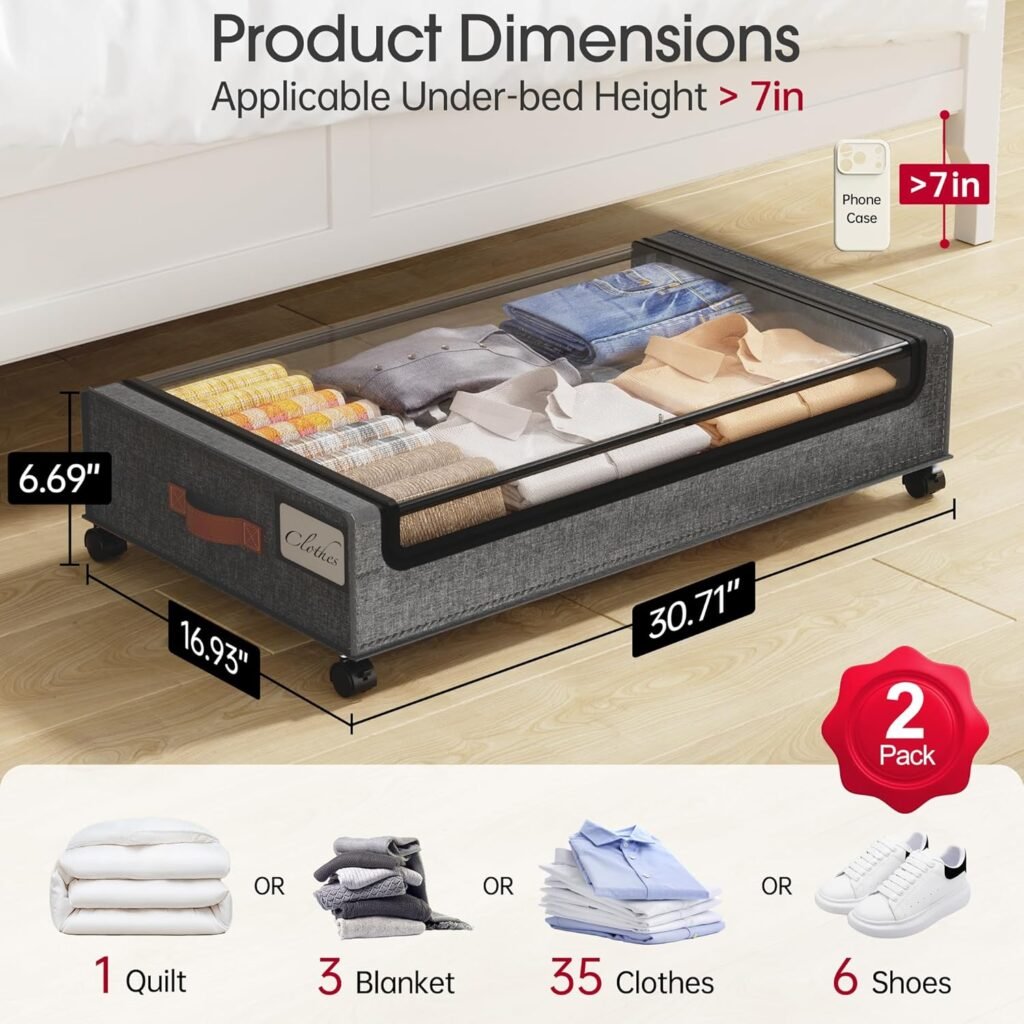 Yecaye under-bed storage with wheels and clear lid for clothes and shoes